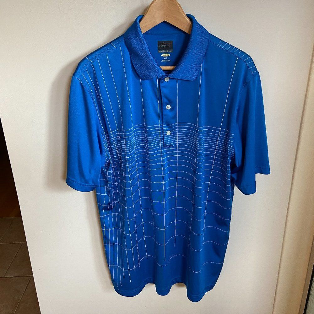 Greg Norman Golf Shirt Play Dry Performance Sz Large Blue Geometric Pattern